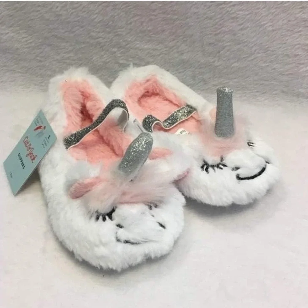 Cat & Jack Unicorn Slippers Kids S‎ White NEW Glitter Horn Faux Fur Mary Jane